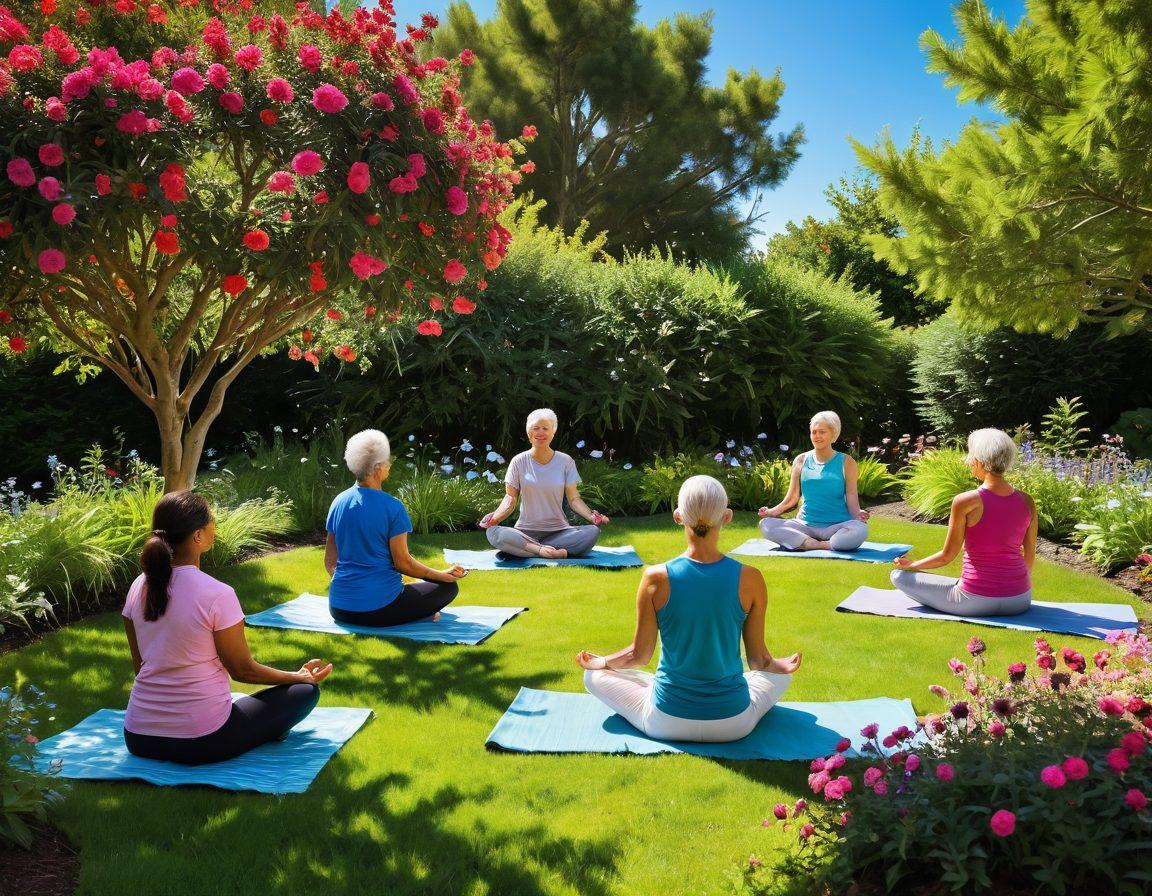 A serene scene featuring a tranquil garden with a diverse group of cancer survivors engaging in self-care activities like meditation, journaling, and yoga. The garden should include vibrant flowers and calming nature elements, symbolizing healing. In the background, a supportive circle of friends can be seen sharing comforting hugs and laughter, all under a clear blue sky. Incorporate soft, warm lighting to evoke a sense of peace and resilience. painting. vibrant colors.
